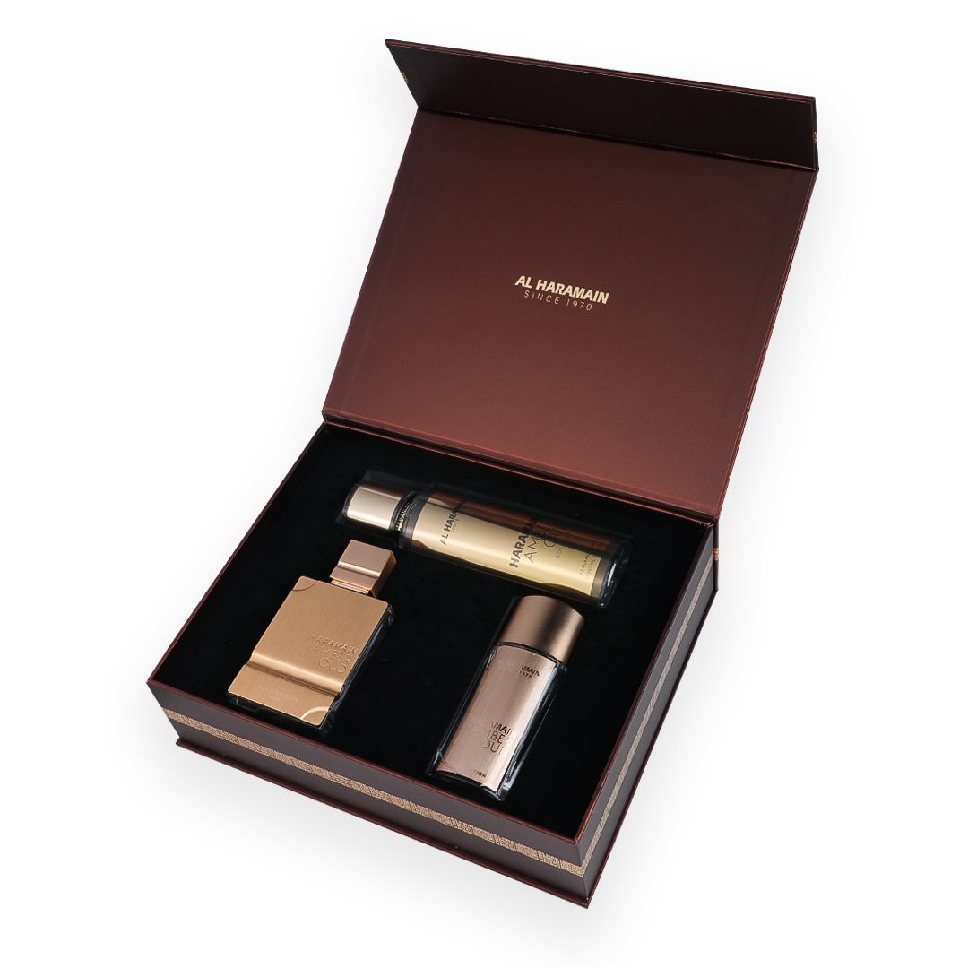 Haramain Amber Oud Perfume Gift Set with Body Mist (75ml + 30 ml + 250ml)