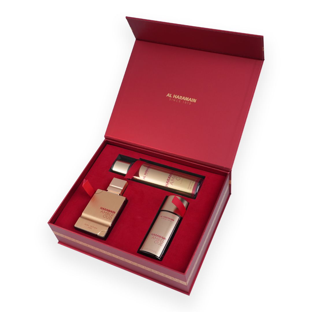 Haramain Amber Oud Perfume Gift Set with Body Mist (75ml + 30 ml + 250ml)