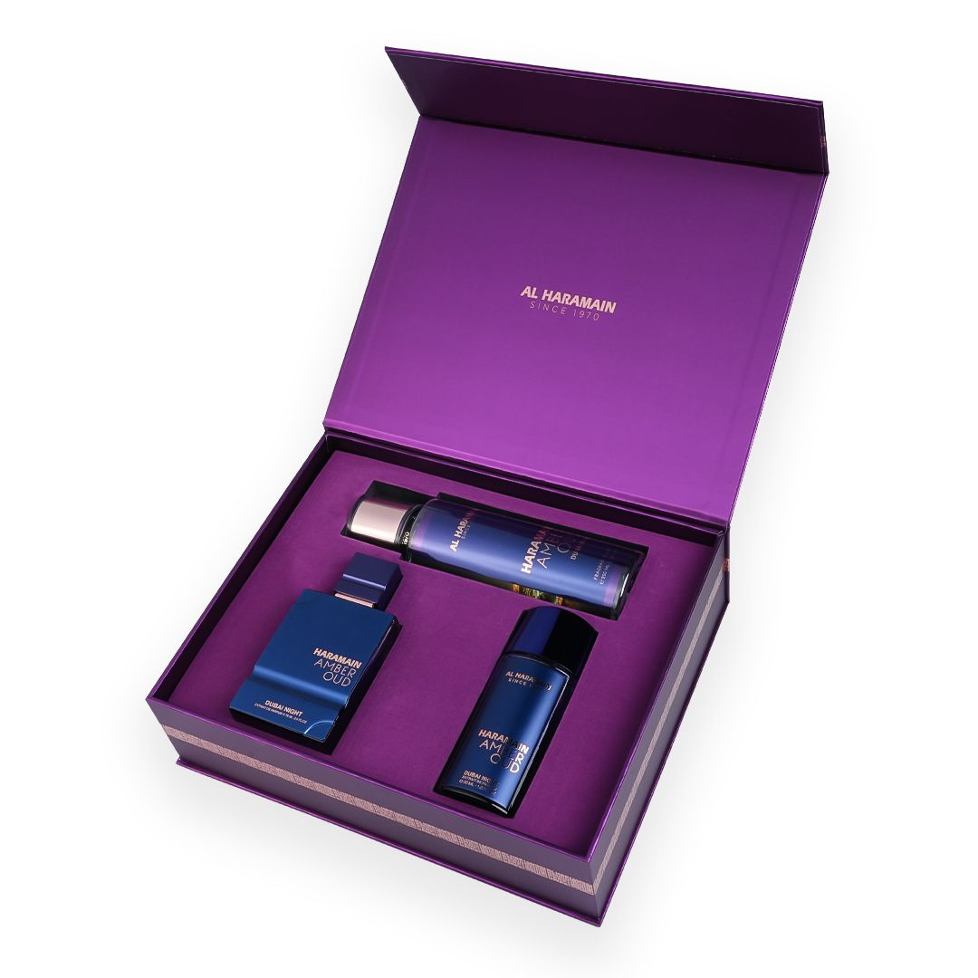 Haramain Amber Oud Perfume Gift Set with Body Mist (75ml + 30 ml + 250ml)